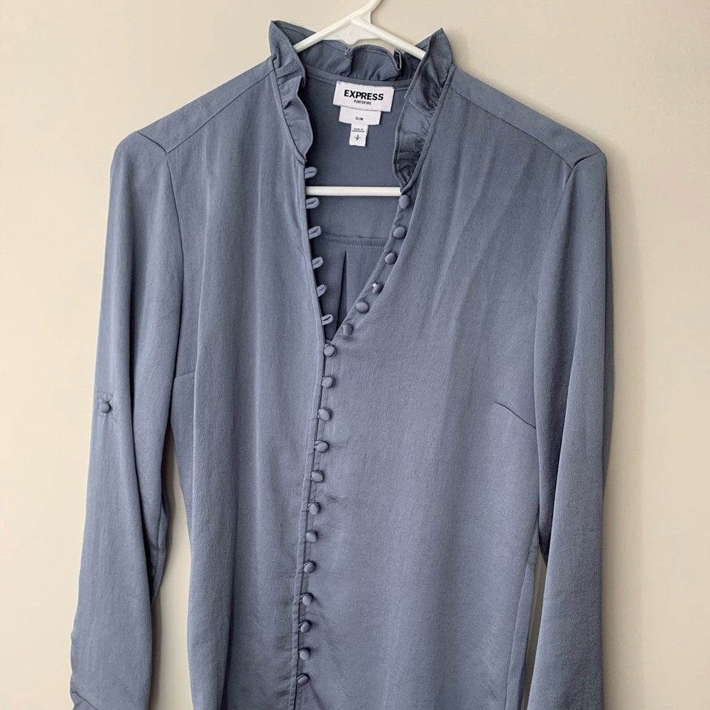 Express Portofino shirt: S slim, satin-like material, slate blue